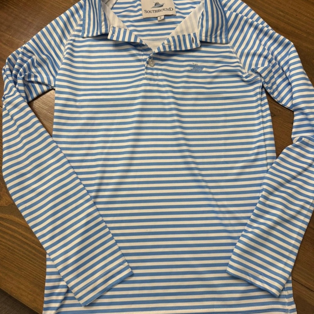 Southbound performance long sleeve polo youth small light blue and white